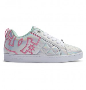 White / Metallic Silver / Pink DC Shoes Court Graffik SE - Leather Shoes | QYHUPW-534