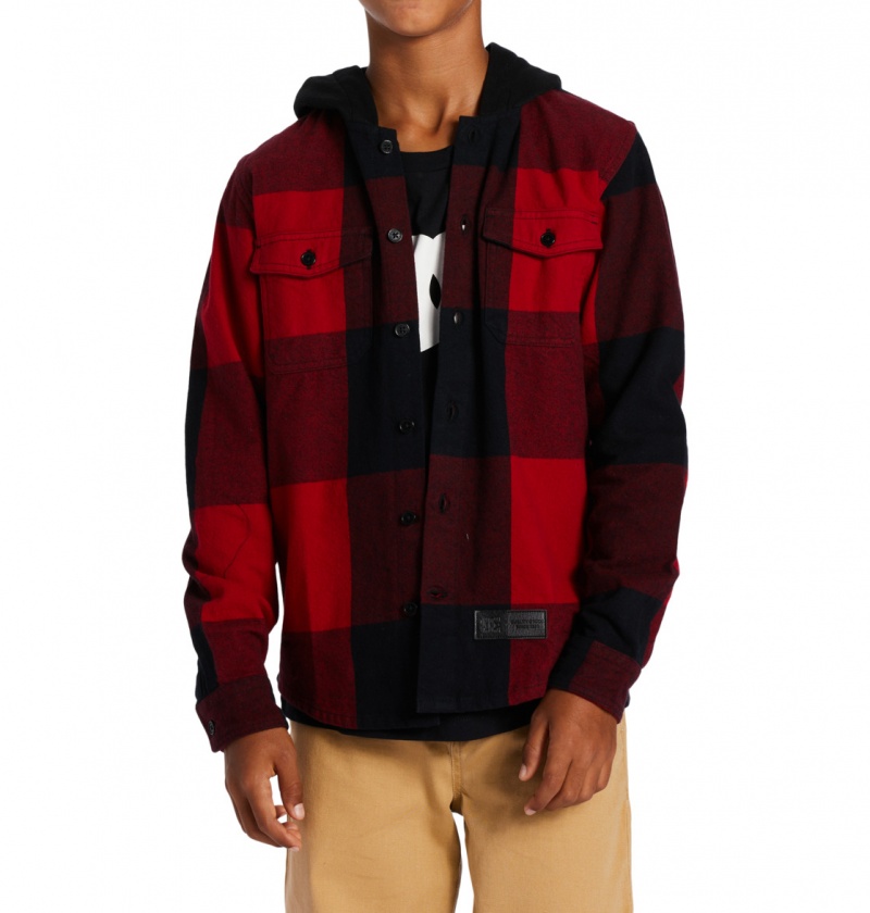 Chili Pepper / Black Plaid DC Shoes Ruckus - Hooded Long Sleeve Shirt 10-16 | CNOWMJ-864